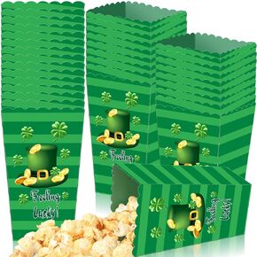Tenceur 12 Pcs St. Patrick's Day Paper Popcorn Boxes Shamrock Mini Party Boxes Green St. Patrick's Day Treat for Irish Holiday Party Favors Decorations Goodie Candy Cookie Sweet Containers