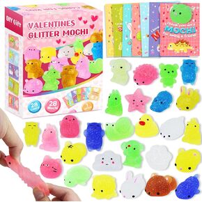 28 Packs Mochi Squishy Toys with Cards,Cute Animals Mochi to Squeeze, Stress Relief Fidget Toys for Kids Valentine Party Favor Classroom Class Exchange Prizes