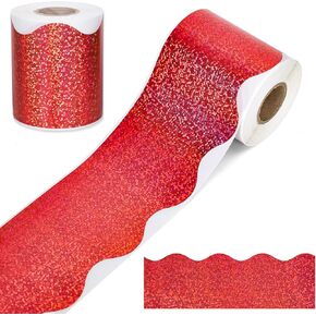 65.6 Ft Red Holographic Bulletin Board Border Laser Red Scalloped Die Cut Border Trim Sticker Roll for Home Classroom Party Wall Decoration