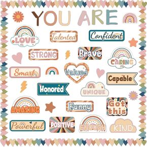 Affirmation Station Boho Bulletin Board Decorations Set,Groovy Classroom Cutouts Decor,Inspirational Positive Bulletin Board Retro Classroom Wall Decor for School Classroom Themes