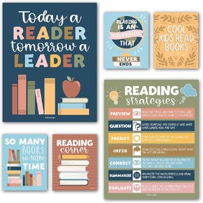 Hadley Designs 6 Colorful Classroom Library Decorations For School-Reading Posters For Elementary School, Reading Bulletin Board Sets For Classrooms, Reading Corner For Classroom Decor
