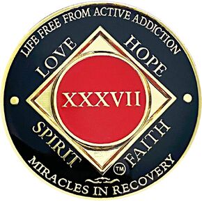 Simply Minimal NA 37 Year Medallion, Narcotics Anonymous Coin, Gold Color Plated Recovery Token