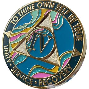 4 Year AA Medallion Elegant Marble Tahiti Teal Blue and Pink Gold Plated Chip