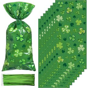 100 Pcs St. Patrick's Day Cellophane Treat Bags Irish Lucky Shamrock Plastic Candy Bags Goodie Favor Bags with 100 Twist Ties for Saint Patrick Day Party Accessories (Green Twist Tie,Stylish Pattern)
