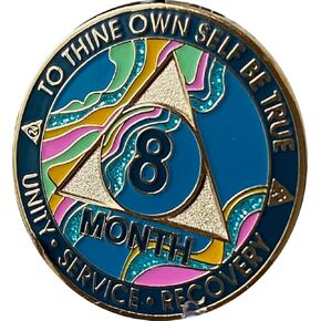 8 Month AA Medallion Elegant Marble Tahiti Teal Blue Pink and Aqua Glitter Gold Plated Sobriety Chip