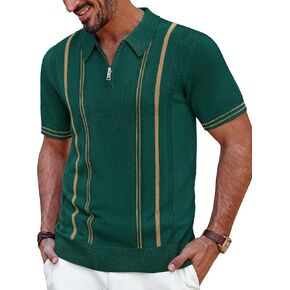 PJ PAUL JONES Men's Quarter Zipper Knit Polo Shirts Striped Vintage Short Sleeve Shirt