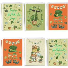 St.Patrick's Day Card with Envelopes 12 Vintage Cards Blank Inside Foil Embellishment Watercolor Shamrock Green Party Supply