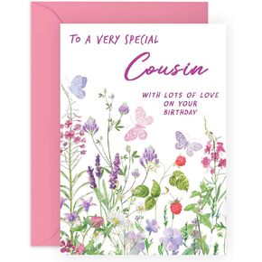 CENTRAL 23 Sweet Birthday Card for Her - 'To A Very Special Cousin' - Floral Greeting Card for Female - Flowers & Butterfly - Cousin Birthday Card - Comes with Stickers