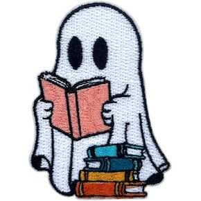 Ghost Reading Book Embroidery Patches for Clothes Backpacks Hats Jeans Bags, Funny Ghost Size 3" Iron On Patch or Sew On Patches, Book Readers Applique Embroidery Patches