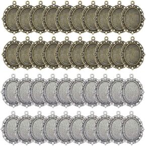 40-Pack Vintage Style Alloy Metal Blanks Inner 25x18mm Oval Base Settings Lace Bezel Charms Bulk Bronze Silver Pendant Trays DIY Jewelry Craft Making Accessories