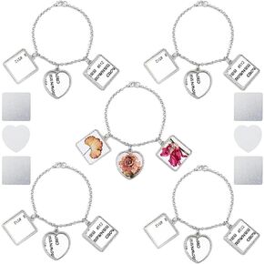 Framendino, 5 Set Sublimation Bracelets Blanks Heat Transfer Bracelet Adjustable Heart Square Photo Bezel Tray Craft Setting for Women