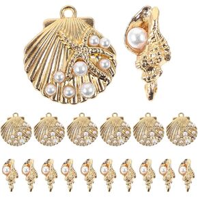 20pcs Conch Sea Shell Charm Alloy Pendant with Holes, Golden Color Charms with Mini Imitation Pearl Beads for DIY Necklace Jewelry Making Women
