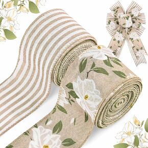 2 Rolls 20 Yards Magnolia Flower Wired Edge Ribbon Spring Flowers Striped Rustic Burlap Ribbon for Wreaths DIY Crafts Gift Wrapping Party Decoration Supplies
