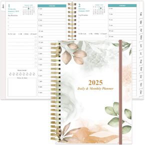 2025 Daily & Monthly Planner - One Page Per Day, Daily Planner 2025 from Jan 2025 to Dec 2025, Planner 2025 with 12 Monthly Tabs, 6.4" x 8.5", Rose Leaf