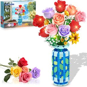 Roses Flowers Building Set with Vase & LED Light, 16 Mini Flowers Bouquet Botanical Building Blocks Toy, Birthday Gifts for Adults, Her and Him, Artificial Rose Flowers for Home Decor & Display