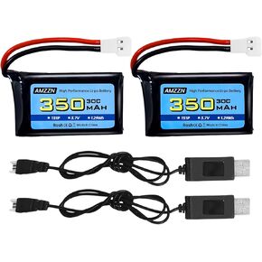 2PCS 3.7V 350mAh 1S Lipo Battery with Molex Plug and USB for Syma X11C WLToys V911S RC Drone,XK A150 BF-109 FX651 FX621 Z60 Jet F-16 F-22 F-35 Glider (2PCS Battery+2USB)