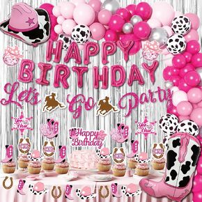 disco cowgirl Birthday Party Decorations - 105PCS Pink cowgirl Decorations, happy birthday foil balloons,disco Hanging Swirls, Hot Pink Silver Balloon Garland Arch Kit, cowgirl Banner, Cake Topper