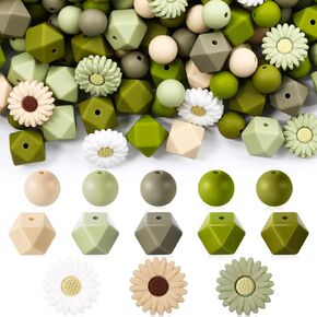186 Pcs Silicone Beads Bulk Set 12mm Round, 14mm Hexagon, 23/20mm Daisy Flower Beads for Keychain Bracelet Necklace Jewelry DIY Accessories(Daisy,Brown)