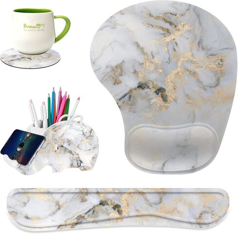 Keyboard Wrist Rest Pad Ergonomic Mouse Pad Set,Non-Slip PU Base for Laptop, Home, Gaming, Office,Matching Elephant Pen Holder and Cup Coaster(Gold Marble) … in Saudi Arabia