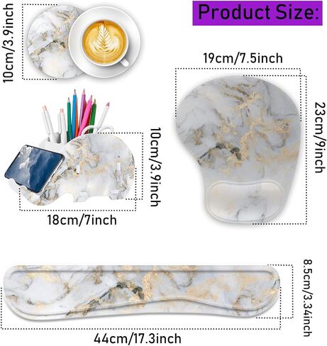 Keyboard Wrist Rest Pad Ergonomic Mouse Pad Set,Non-Slip PU Base for Laptop, Home, Gaming, Office,Matching Elephant Pen Holder and Cup Coaster(Gold Marble) … in Saudi Arabia