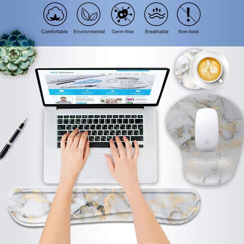 Keyboard Wrist Rest Pad Ergonomic Mouse Pad Set,Non-Slip PU Base for Laptop, Home, Gaming, Office,Matching Elephant Pen Holder and Cup Coaster(Gold Marble) … in Saudi Arabia