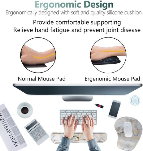 Keyboard Wrist Rest Pad Ergonomic Mouse Pad Set,Non-Slip PU Base for Laptop, Home, Gaming, Office,Matching Elephant Pen Holder and Cup Coaster(Gold Marble) … in Saudi Arabia