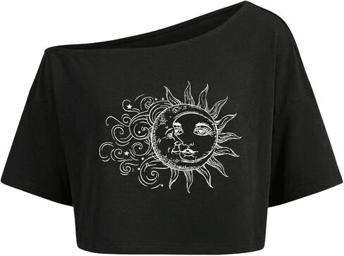 SOLY HUX Women's Graphic Tees Off Shoulder Half Sleeve Sun Moon Print T Shirt Crop Tops in Saudi Arabia