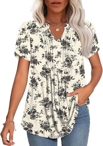 Womens 2025 Summer/Spring Tunic Tops V Neck Dressy Casual Blouse for Work Fashion Pleated Short Sleeve T-Shirts in Saudi Arabia