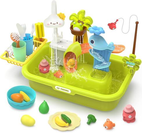 HOLYFUN Play Sink with Running Water, Kitchen Sink Toys with Upgraded Electric Faucet, Water Slide Track, Baby Dishwasher, Kids Fishing Toys, Role Play Sink Toy for Toddler Boys and Girls in Saudi Arabia