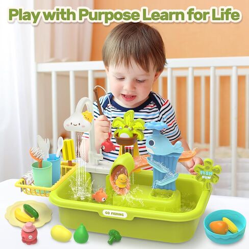 HOLYFUN Play Sink with Running Water, Kitchen Sink Toys with Upgraded Electric Faucet, Water Slide Track, Baby Dishwasher, Kids Fishing Toys, Role Play Sink Toy for Toddler Boys and Girls in Saudi Arabia
