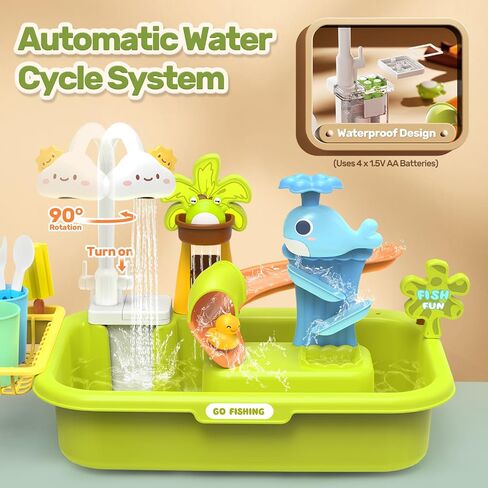 HOLYFUN Play Sink with Running Water, Kitchen Sink Toys with Upgraded Electric Faucet, Water Slide Track, Baby Dishwasher, Kids Fishing Toys, Role Play Sink Toy for Toddler Boys and Girls in Saudi Arabia
