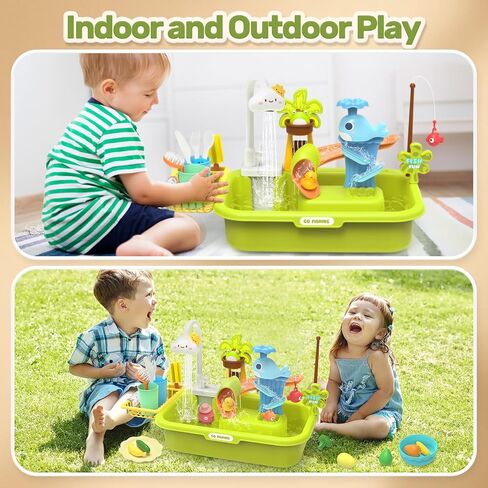 HOLYFUN Play Sink with Running Water, Kitchen Sink Toys with Upgraded Electric Faucet, Water Slide Track, Baby Dishwasher, Kids Fishing Toys, Role Play Sink Toy for Toddler Boys and Girls in Saudi Arabia