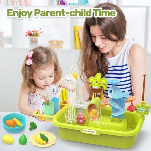 HOLYFUN Play Sink with Running Water, Kitchen Sink Toys with Upgraded Electric Faucet, Water Slide Track, Baby Dishwasher, Kids Fishing Toys, Role Play Sink Toy for Toddler Boys and Girls in Saudi Arabia