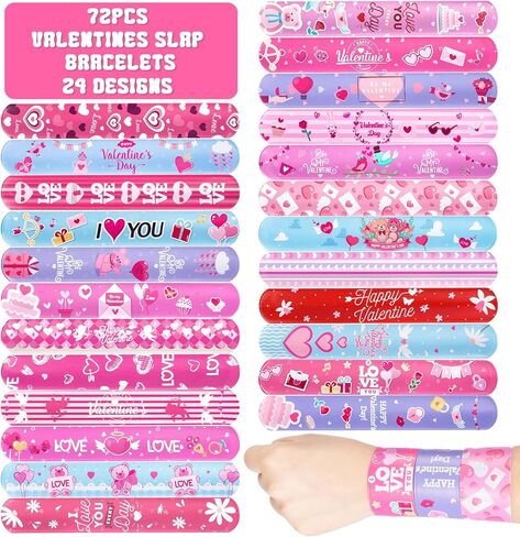 48 Pcs Valentines Day Slap Bracelets with Colorful Hearts for Birthday Gifts for Kids Party Supplies Favors Classroom Exchange Birthday Giveaways Game Prizes Kids Party Favors in Saudi Arabia