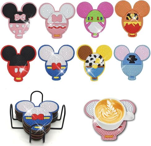 yokushi 8pcs Cartoon Diamond Art Coasters Kit للبالغين ، طقم Catemond Diamond Painting Coasters مع قاعدة حامل Cork ، مجموعة الطلاء الفنية الصغيرة للماس للبالغين للأطفال in Kuwait