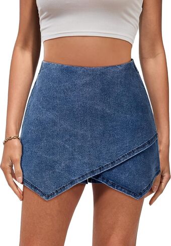 Luvamia جان Skorts للمرأة عالية الخصر سحب على بسط الدنيم تنّورة ملفوفة مع السراويل العصرية غير المتكافئة Skort in Saudi Arabia