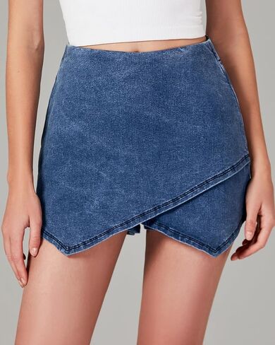 Luvamia جان Skorts للمرأة عالية الخصر سحب على بسط الدنيم تنّورة ملفوفة مع السراويل العصرية غير المتكافئة Skort in Saudi Arabia