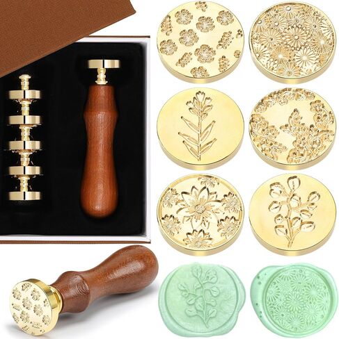 Chrisfall Wax Seal Stamp Set, Floral Stamps Botanical Sealing Stamper Kit, Wedding Postage Stamps, Wooden Handle with Brass Head for Wedding Greeting Cards Planner Journal Gift, 6 Pieces (Plant) in Saudi Arabia