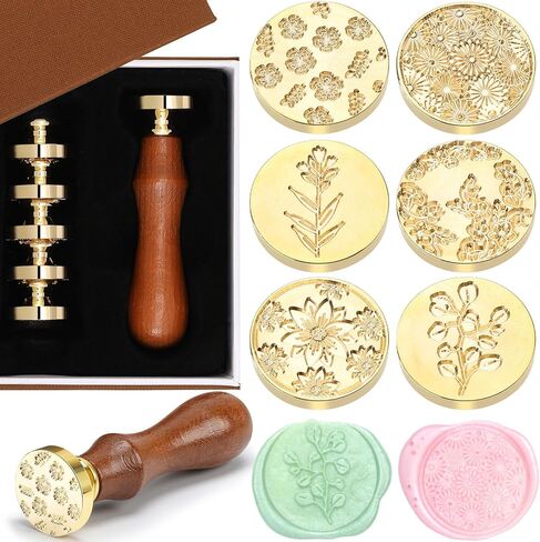 Chrisfall Wax Seal Stamp Set, Floral Stamps Botanical Sealing Stamper Kit, Wedding Postage Stamps, Wooden Handle with Brass Head for Wedding Greeting Cards Planner Journal Gift, 6 Pieces (Plant) in Saudi Arabia