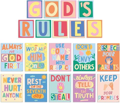 S&O God's Rules 10 Commandments for Kids Poster & Card Set - Bright and Colorful Ten Guidelines Wall Art - Sunday School Decorations for Learning Space - 10 Principles Wall Decor - 10 Rules Print in Kuwait