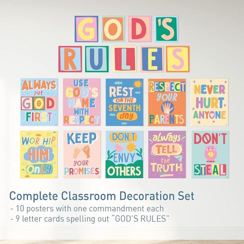 S&O God's Rules 10 Commandments for Kids Poster & Card Set - Bright and Colorful Ten Guidelines Wall Art - Sunday School Decorations for Learning Space - 10 Principles Wall Decor - 10 Rules Print in Kuwait