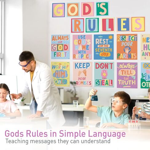 S&O God's Rules 10 Commandments for Kids Poster & Card Set - Bright and Colorful Ten Guidelines Wall Art - Sunday School Decorations for Learning Space - 10 Principles Wall Decor - 10 Rules Print in Kuwait