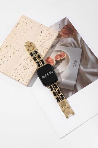سوار My Pretty Strap باللونين الأسود والذهبي متوافق مع Apple WATCH SE Series 10 9 8 7 6 5 4 3 2 1، 38/40/41 ملم أو 42/44/45/46/49 ملم، من الفولاذ المقاوم للصدأ للنساء in Saudi Arabia