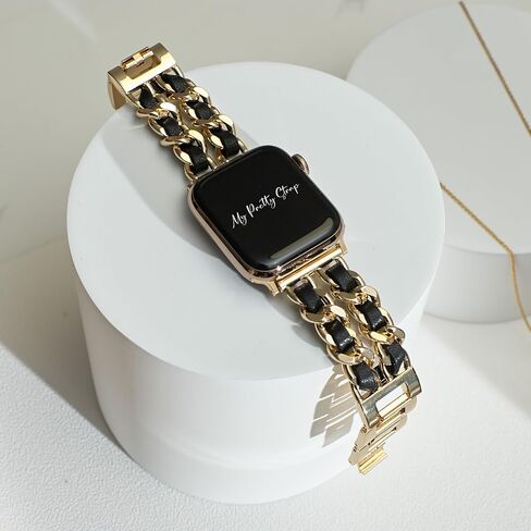 سوار My Pretty Strap باللونين الأسود والذهبي متوافق مع Apple WATCH SE Series 10 9 8 7 6 5 4 3 2 1، 38/40/41 ملم أو 42/44/45/46/49 ملم، من الفولاذ المقاوم للصدأ للنساء in Saudi Arabia