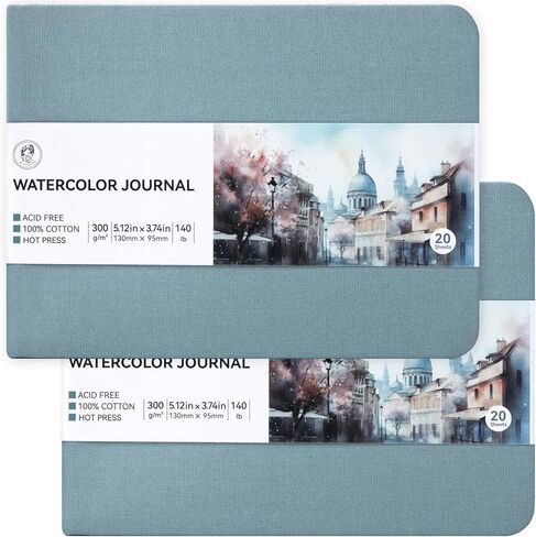 Lightwish Watercolor Sketchbook, 100% Cotton Cold Press Art Supplies Watercolor Paper Journal 7.6 * 5.1In, 2 Pack 40 Sheets (140lb/300gsm), Acid-Free for Watercolors, Gouache, Acrylics in Kuwait