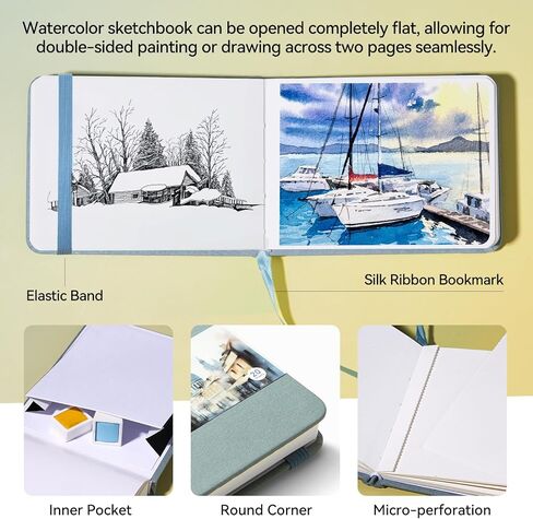Lightwish Watercolor Sketchbook, 100% Cotton Cold Press Art Supplies Watercolor Paper Journal 7.6 * 5.1In, 2 Pack 40 Sheets (140lb/300gsm), Acid-Free for Watercolors, Gouache, Acrylics in Kuwait