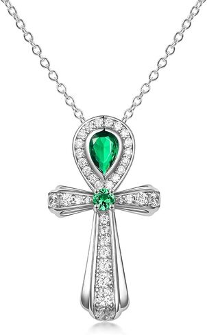 FWM Moissanite Green Emerald Sparkly Pendant Necklace for Women, Ankh Cross/Flower/Round Cross/Square Vintage Design, Solid 925 Sterling Silver, Present to Wife Girlfriend Mom Daughter in Saudi Arabia