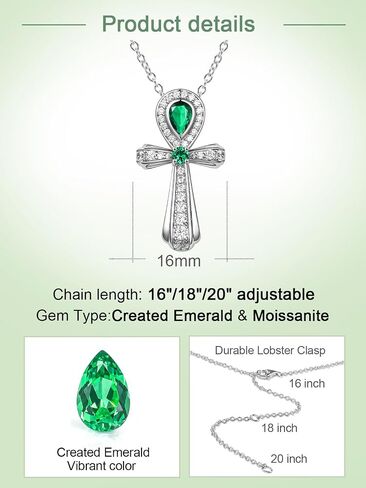 FWM Moissanite Green Emerald Sparkly Pendant Necklace for Women, Ankh Cross/Flower/Round Cross/Square Vintage Design, Solid 925 Sterling Silver, Present to Wife Girlfriend Mom Daughter in Saudi Arabia