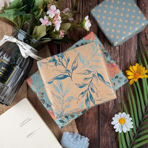 RUSPEPA Vintage Wrapping Paper with Tags, Jute String, Mini Roll, 17 inches x 10 feet per Roll, Total of 3 Rolls, Spring in Kuwait