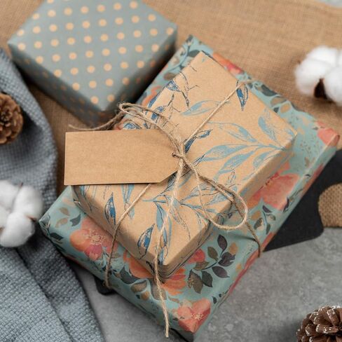 RUSPEPA Vintage Wrapping Paper with Tags, Jute String, Mini Roll, 17 inches x 10 feet per Roll, Total of 3 Rolls, Spring in Kuwait